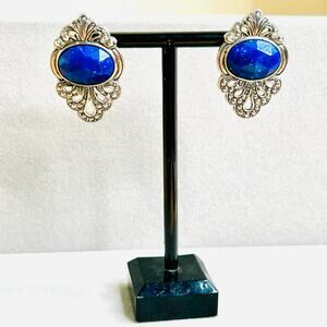 Silver Tone Faux Lapis Center Ornate Earrings
